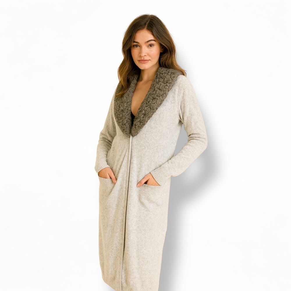 White House Black Market Womens Gray Long Cardigan Duster Faux Fur‎ Collar Small